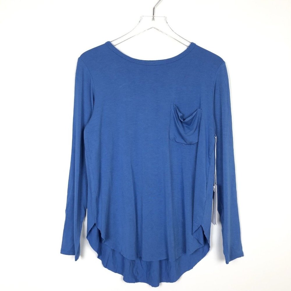 NWT Another Love Medium Long Sleeve Pocket Tee Curved Hem Rayon Blend Blue